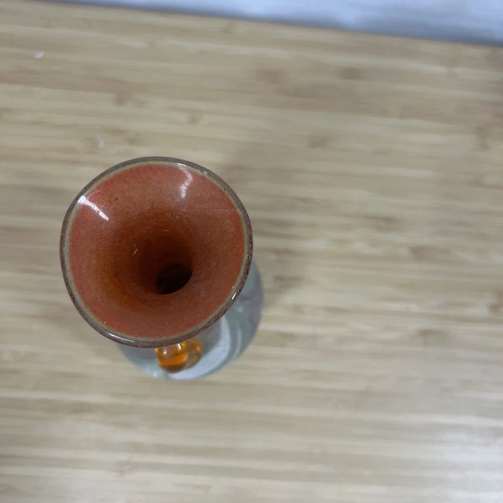 Vintage Art‎ Glass Bud Vase Amber Applied Handles Mottled Orange Green 5.75